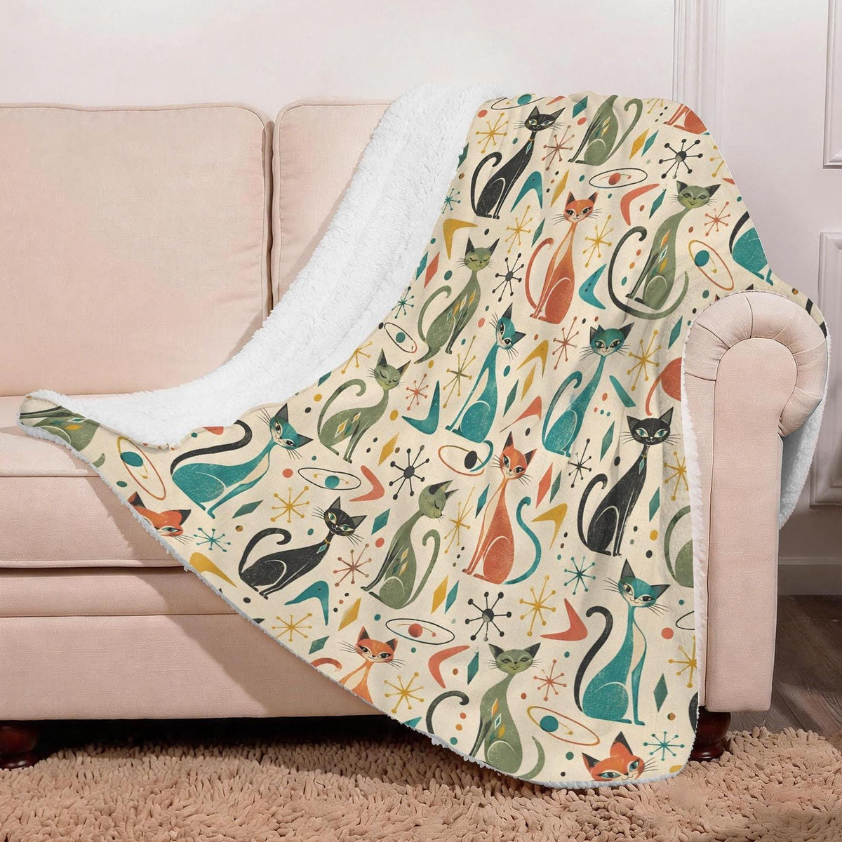 Retro Cat Blanket, 50 × 60 Inch Sherpa Fleece Throw with Mid-Century Print