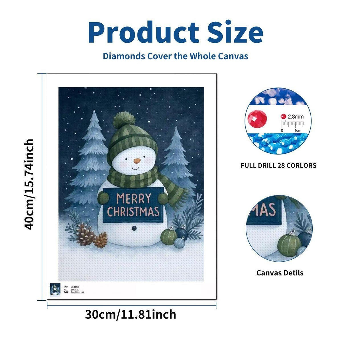 Snowman Diamond Kit, 12 x 16 Inch Winter Canvas Art with Acrylic