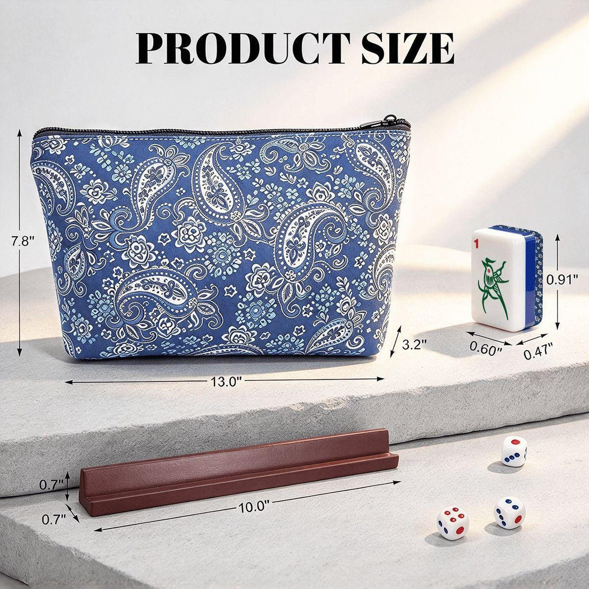 Mini Mahjong Set, Navy Blue Daisy Acrylic Tiles, 166-Tile American Game With Wooden Racks