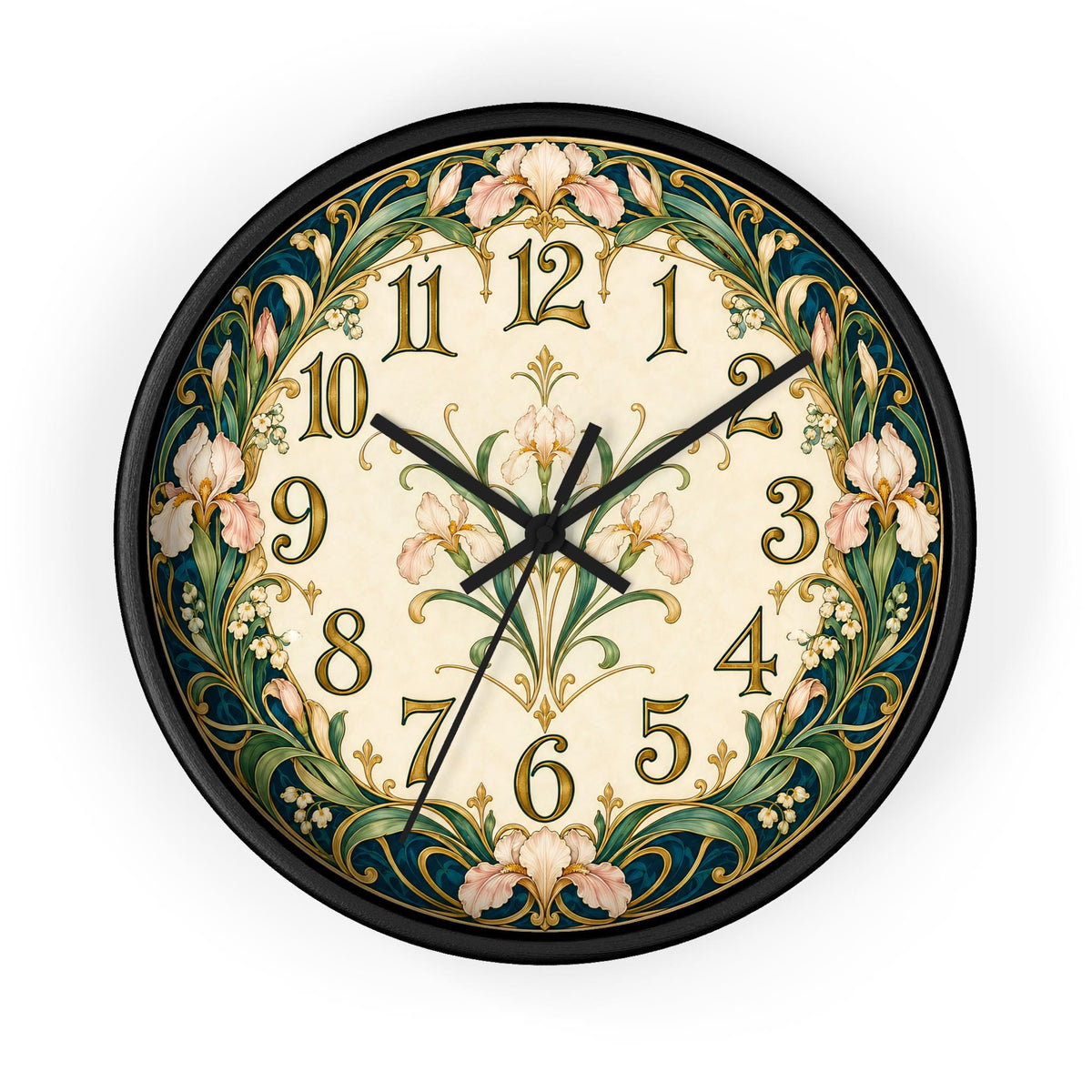 Floral Wall Clock, 10-Inch Wood Frame Art Nouveau Design with Silent Mechanism