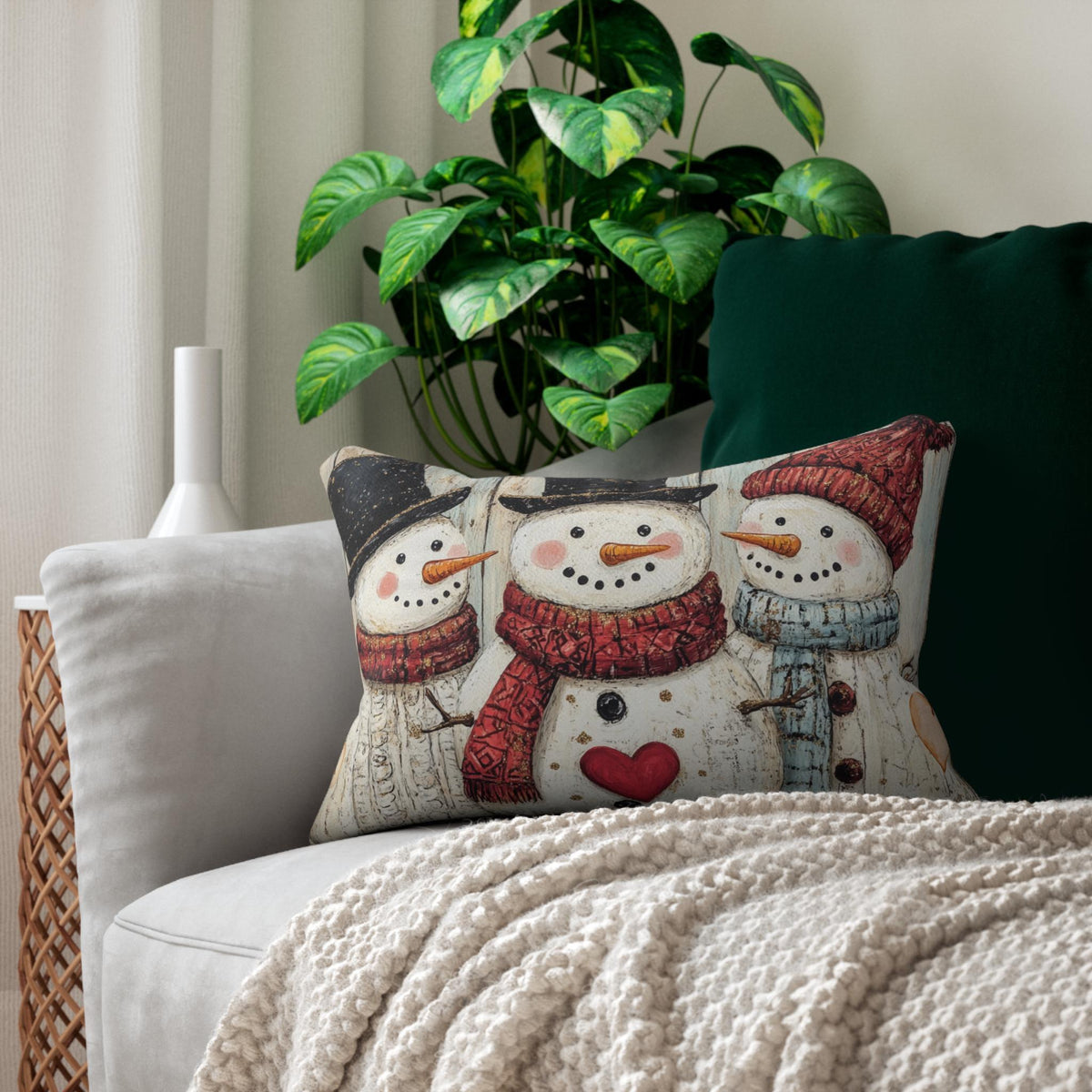 Cozy Winter Snowman Lumbar Pillow: Festive Holiday Decor for Christmas Cheer & Farmhouse Charm