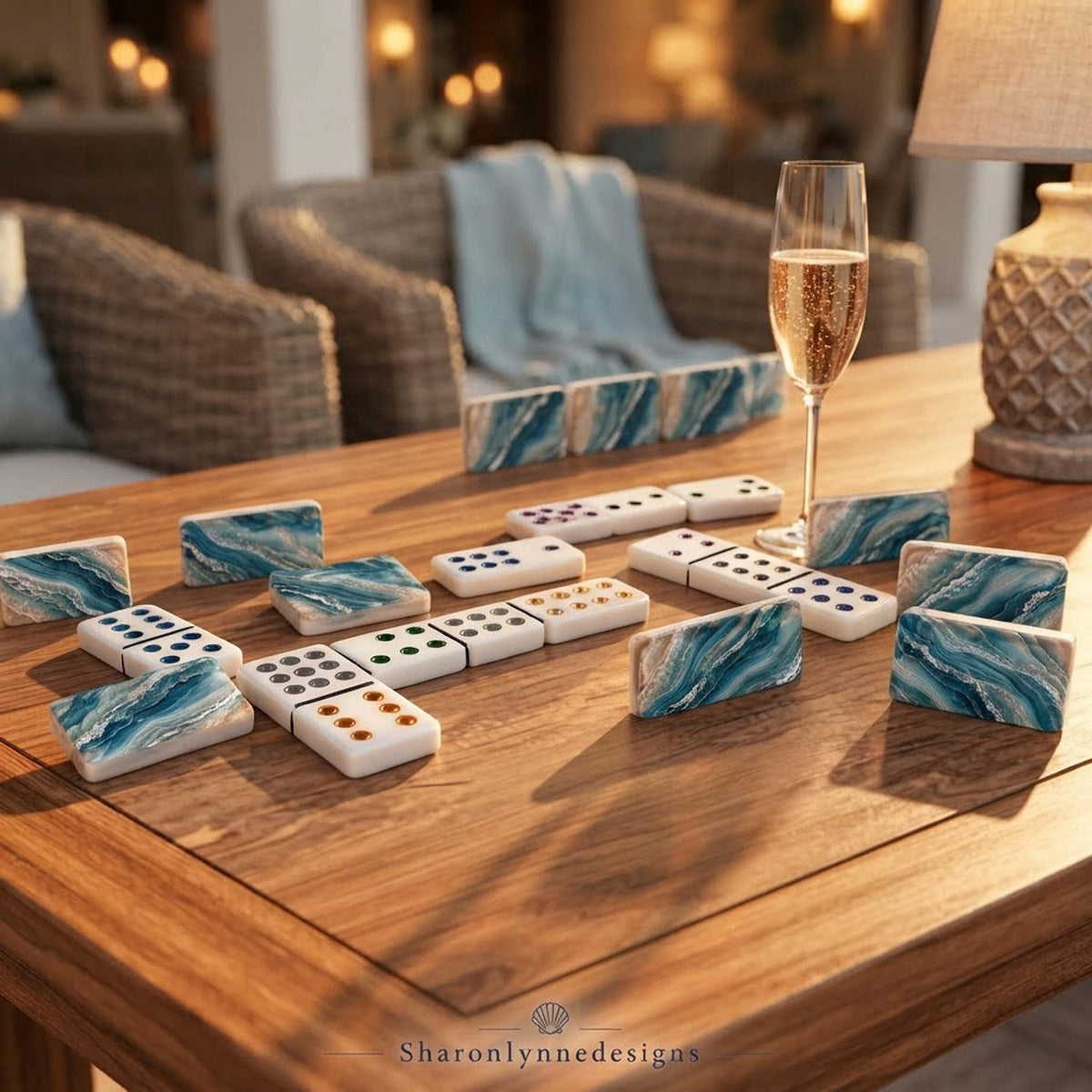 Ocean Acrylic Dominoes Set, Double 12 Mexican Train Game with Storage Box