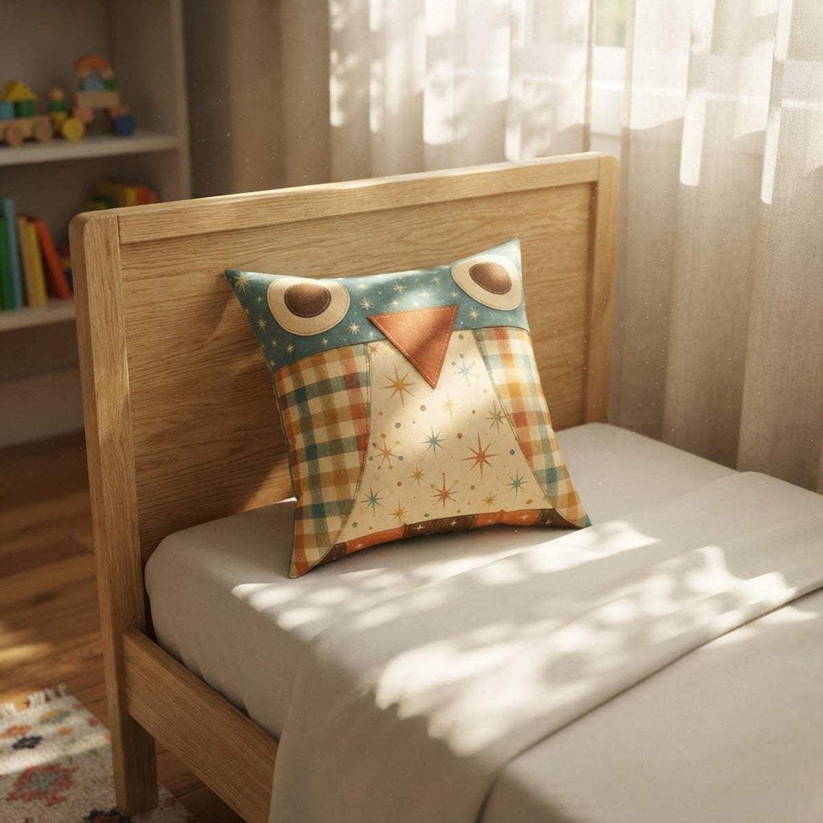 Owl Pillow Case, Faux Suede Square Cover with Vintage Plaid Design