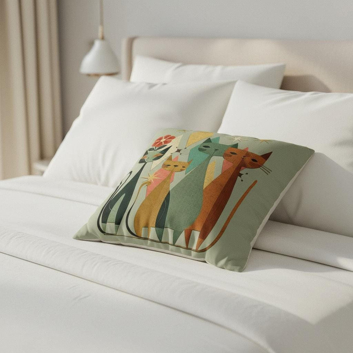 Feline Throw Pillow Cover, Vintage-Inspired Mid-Century Modern Cat Cushion