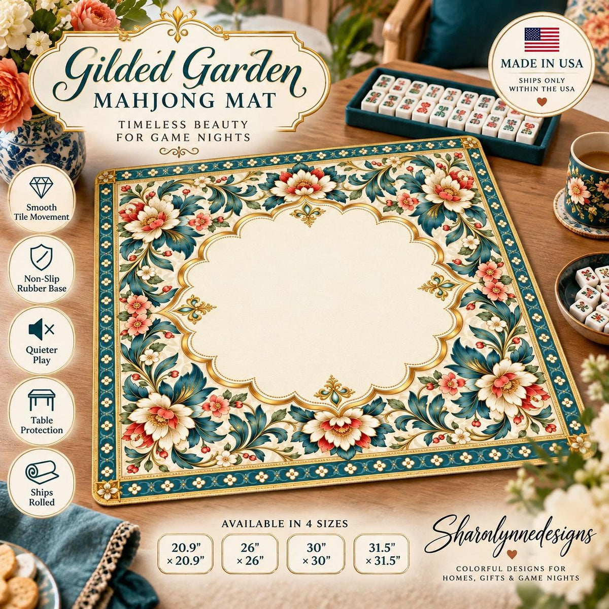 Gilded Garden American Mahjong Mat, Floral Polyester Surface With Rubber Backing