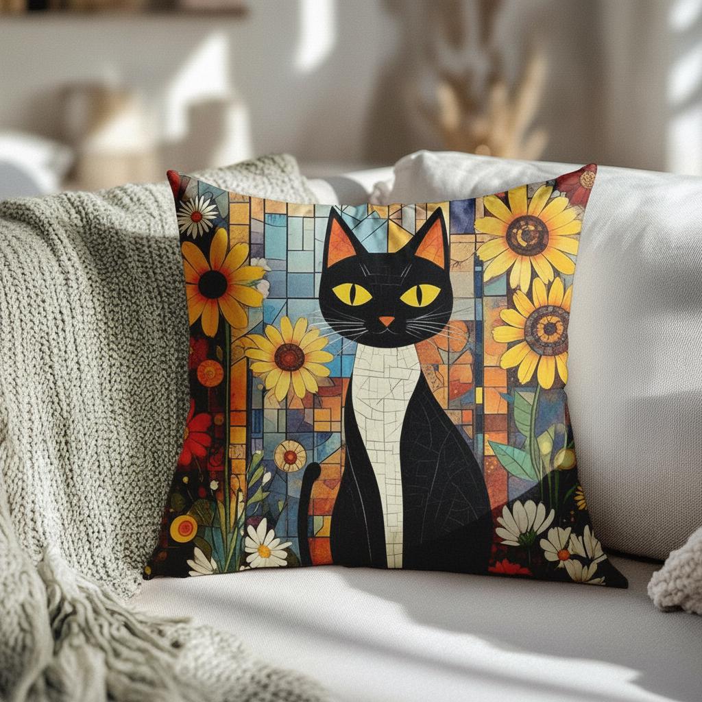 Retro Cat Pillow with Floral Design, Faux Suede Boho Home Decor