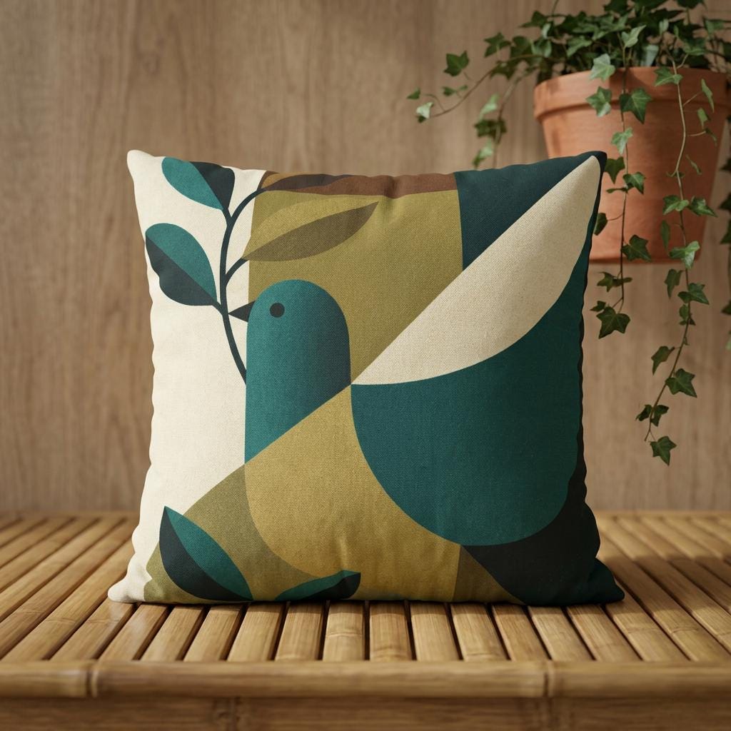 Mid-Century Bird Pattern Faux Suede Square Pillowcase