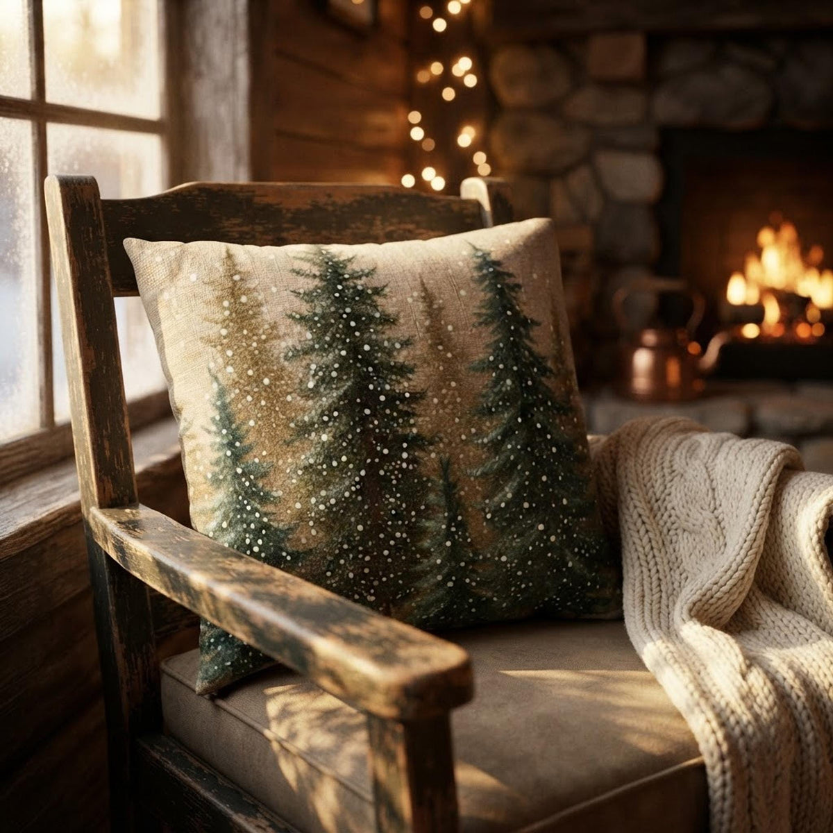 Nature Pillow Cover, Faux Suede Woodland Forest Cushion Double-Sided Pine Trees