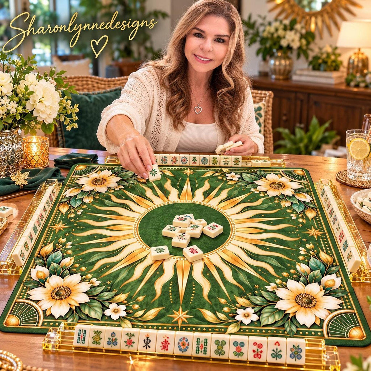 Mahjong Game Mat, 33" Square Green and Gold Sun Design Polyester