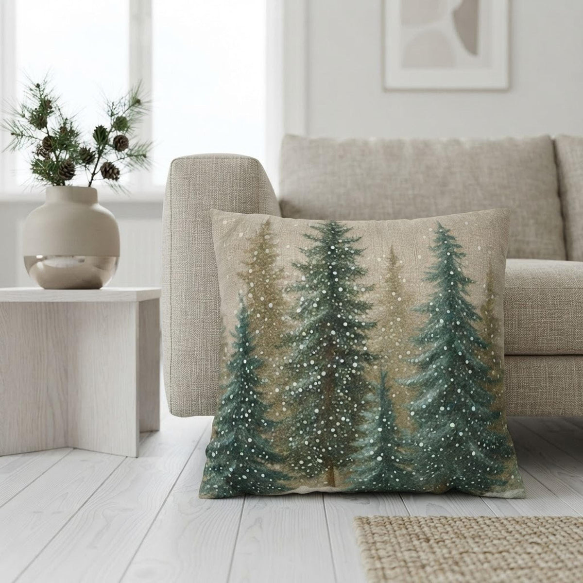 Nature Pillow Cover, Faux Suede Woodland Forest Cushion Double-Sided Pine Trees