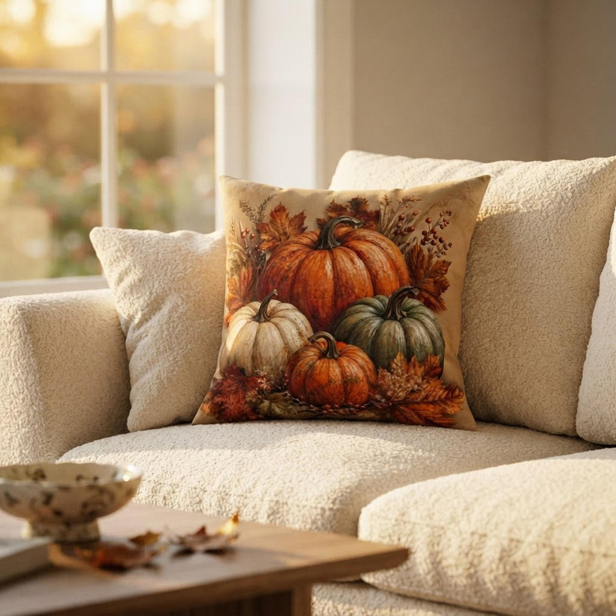 Autumn Pillow Cover, Beige Faux Suede Square with Double-Sided Pumpkin Print