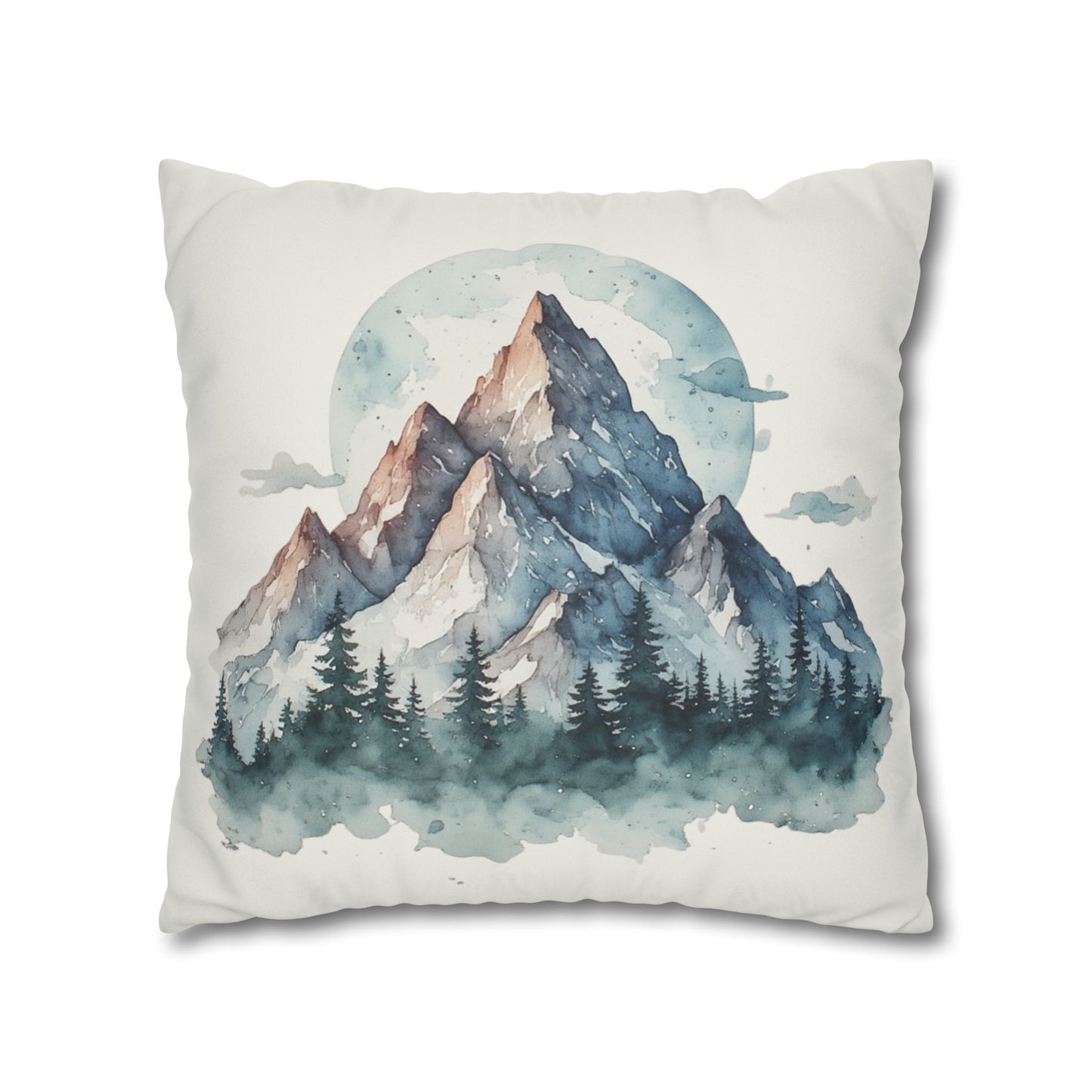 Watercolor Mountain Landscape Faux Suede Square Pillowcase | Mountain Print Pillow