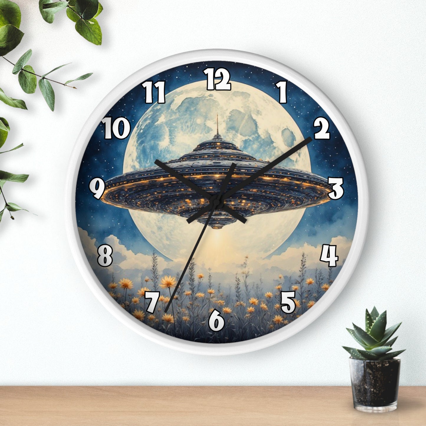 UFO Over Moon Wall Clock, Sci Fi Spaceship Moonlight Timepiece
