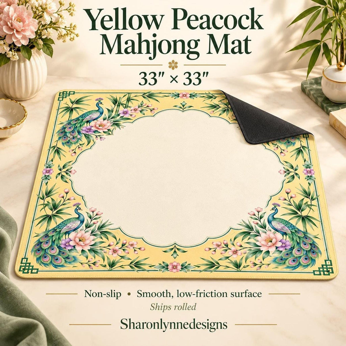 Yellow Peacock Mahjong Mat 33"x33" (Ship Rolled up)