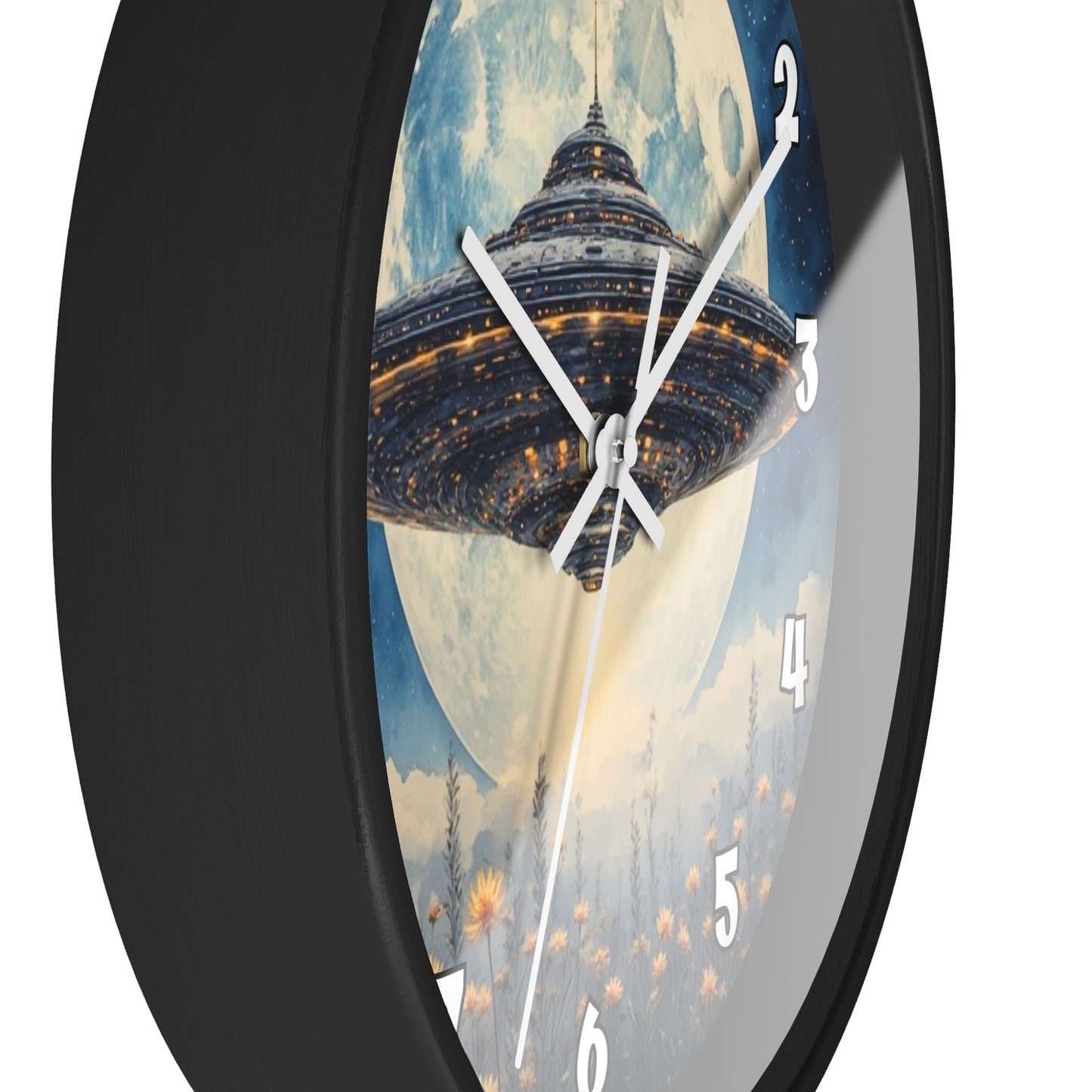 UFO Over Moon Wall Clock, Sci Fi Spaceship Moonlight Timepiece