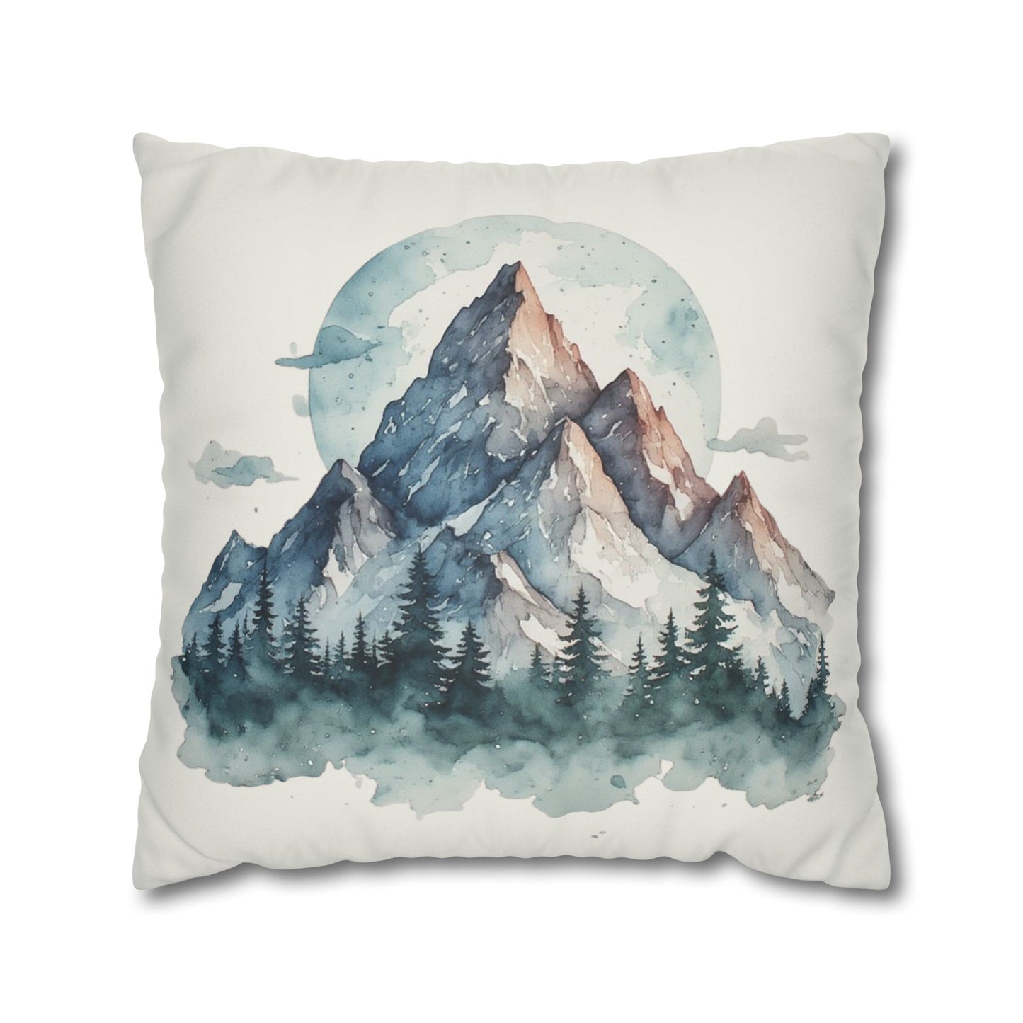 Watercolor Mountain Landscape Faux Suede Square Pillowcase | Mountain Print Pillow