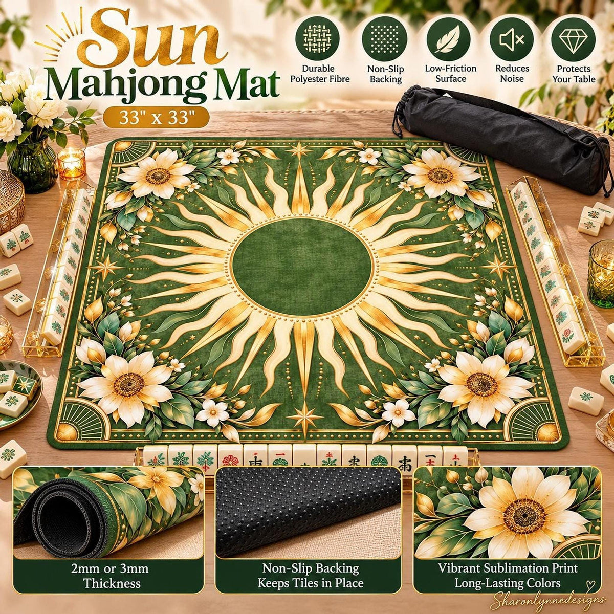 Mahjong Game Mat, 33" Square Green and Gold Sun Design Polyester