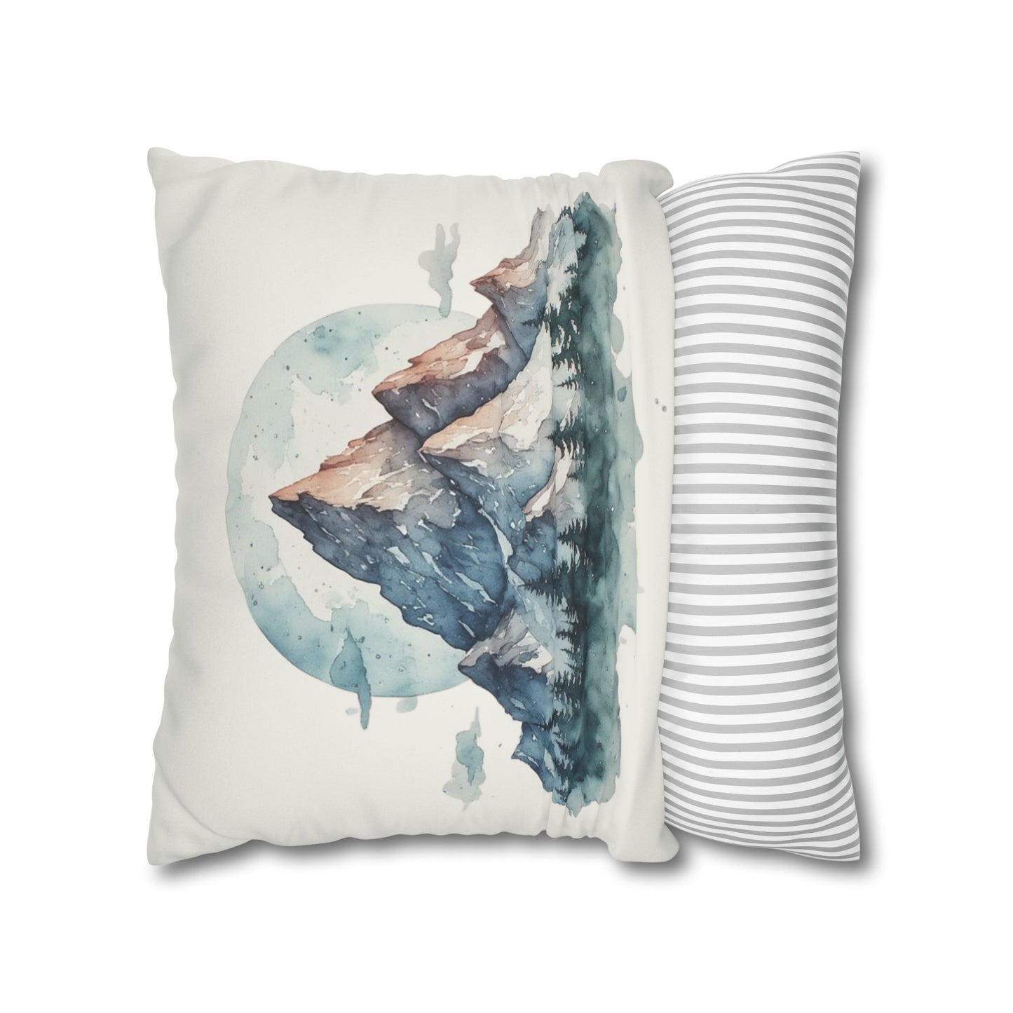 Watercolor Mountain Landscape Faux Suede Square Pillowcase | Mountain Print Pillow