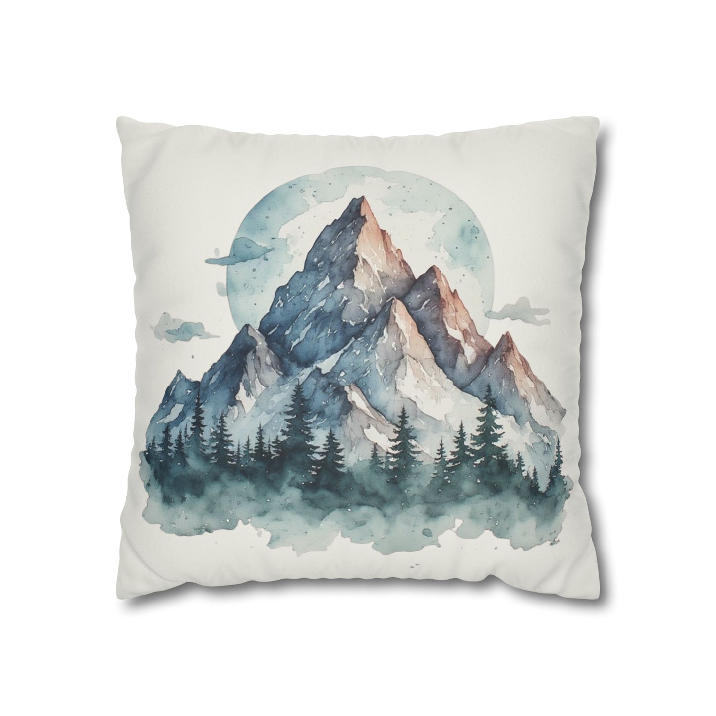 Watercolor Mountain Landscape Faux Suede Square Pillowcase | Mountain Print Pillow