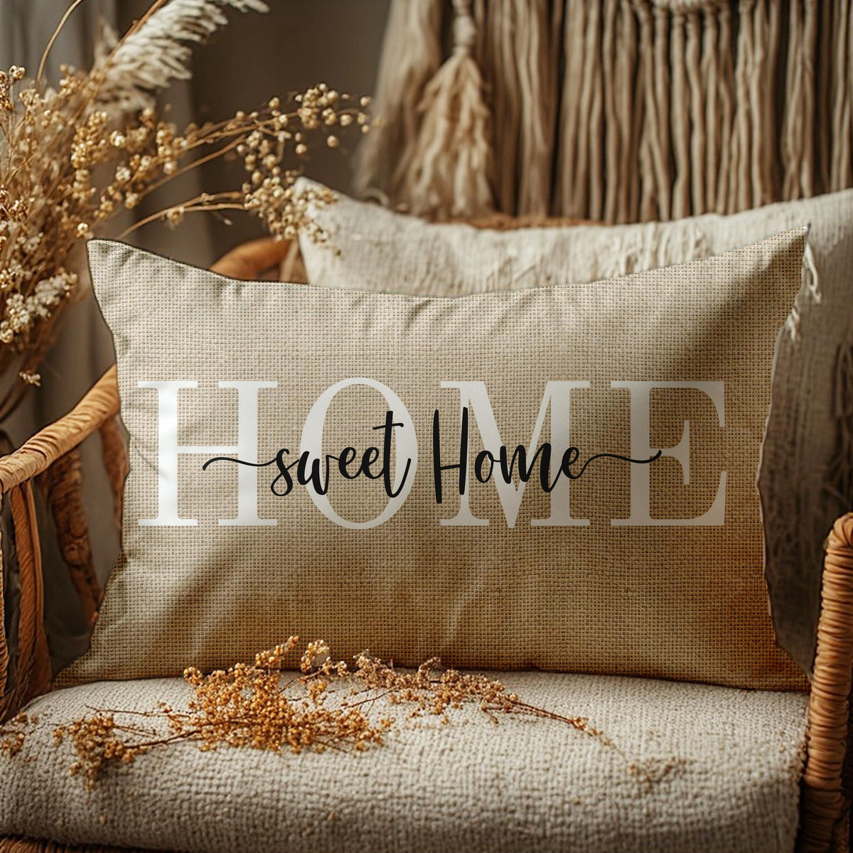 Farmhouse Lumbar Pillow, Beige Burlap Accent Cushion for Rustic Decor
