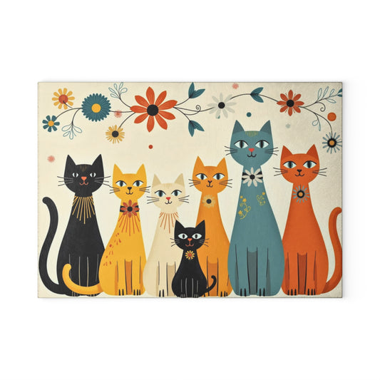 Retro Floral Cat Row Glass Cutting Board | Colorful Cat Kitchen Decor