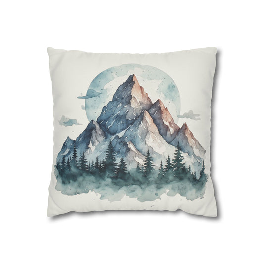 Watercolor Mountain Landscape Faux Suede Square Pillowcase | Mountain Print Pillow