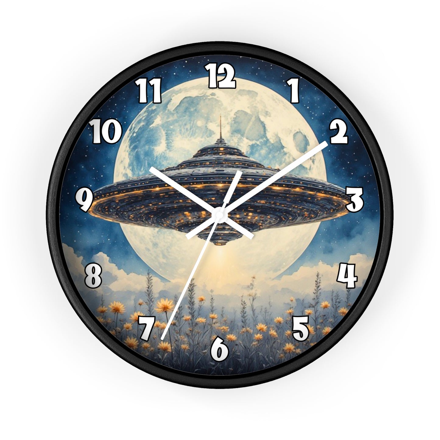 UFO Over Moon Wall Clock, Sci Fi Spaceship Moonlight Timepiece