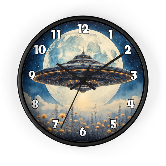 UFO Over Moon Wall Clock, Sci Fi Spaceship Moonlight Timepiece