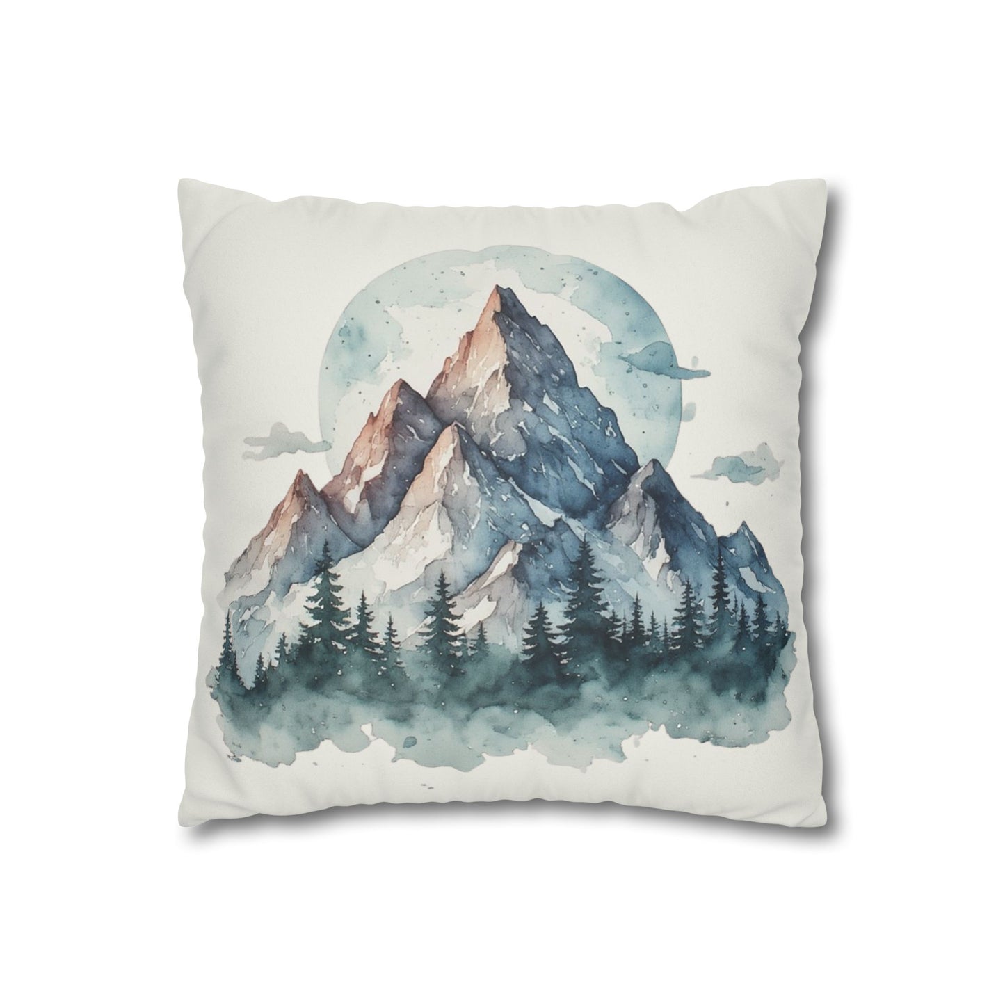 Watercolor Mountain Landscape Faux Suede Square Pillowcase | Mountain Print Pillow