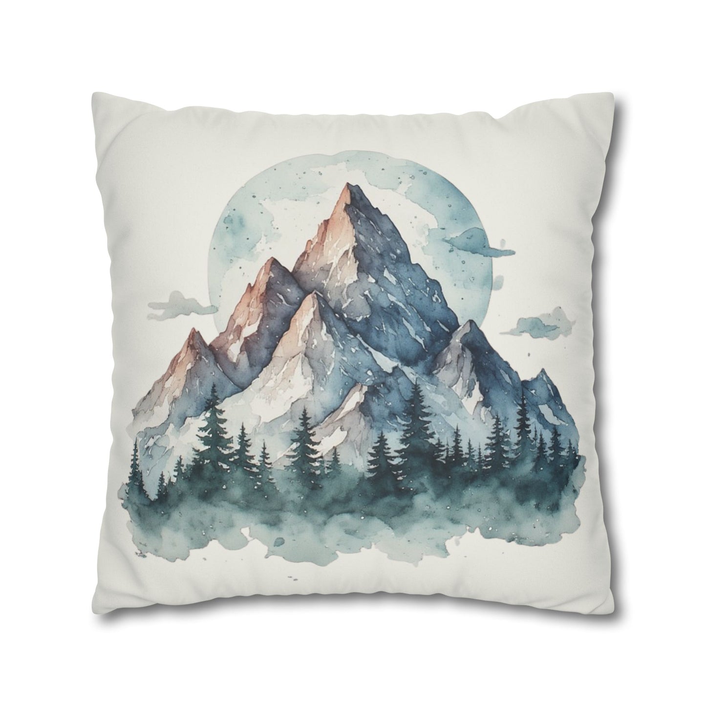Watercolor Mountain Landscape Faux Suede Square Pillowcase | Mountain Print Pillow