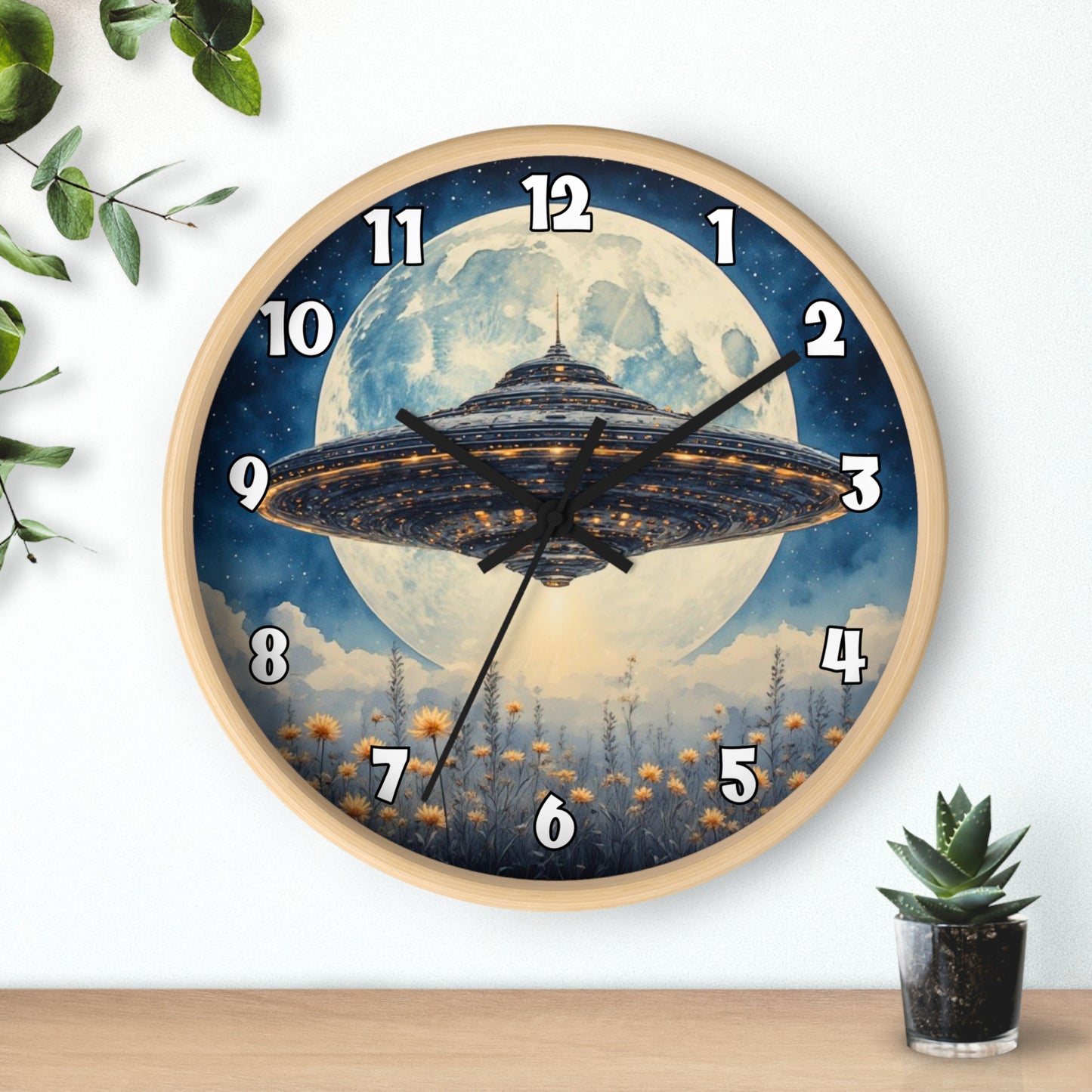 UFO Over Moon Wall Clock, Sci Fi Spaceship Moonlight Timepiece
