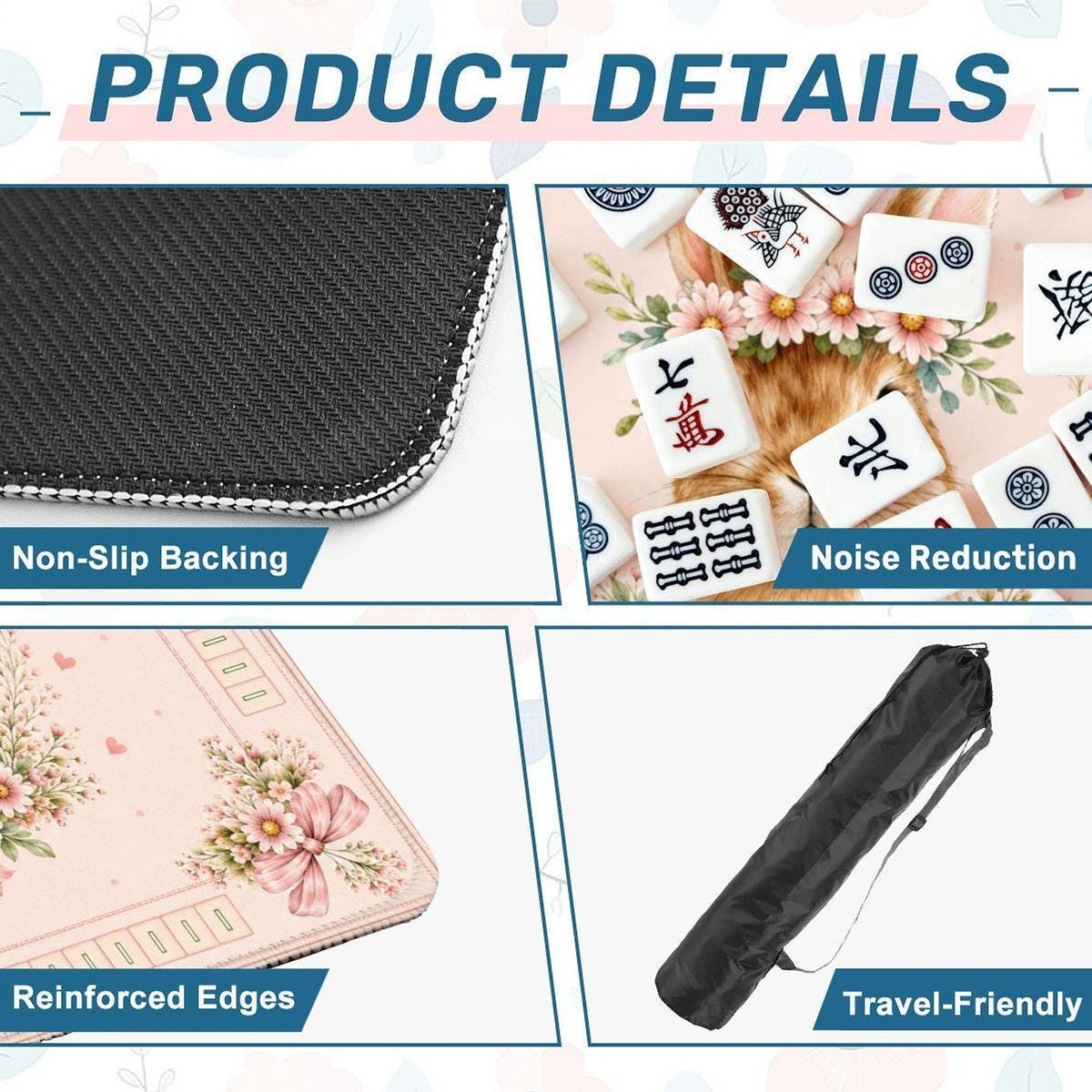 Rabbit Mahjong Mat, Pink Floral Design with Non-Slip Rubber Backing
