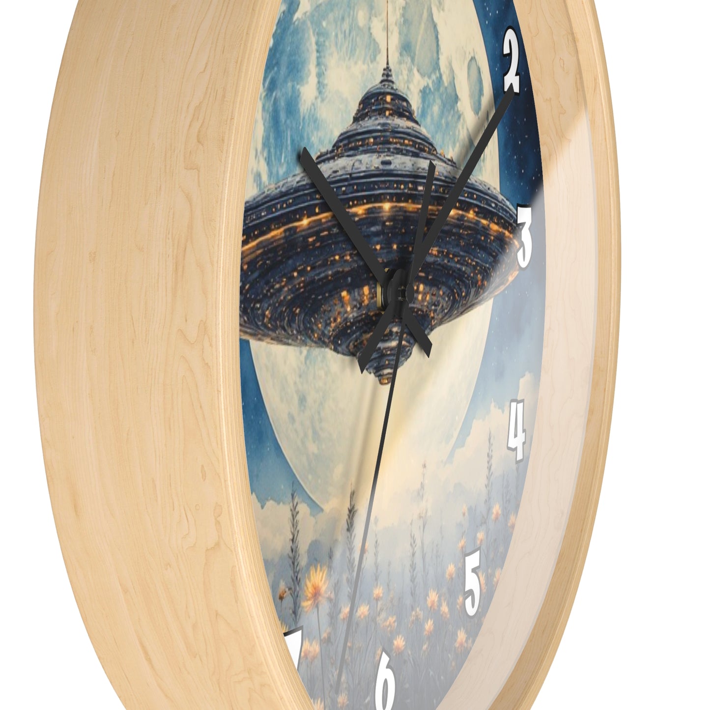 UFO Over Moon Wall Clock, Sci Fi Spaceship Moonlight Timepiece