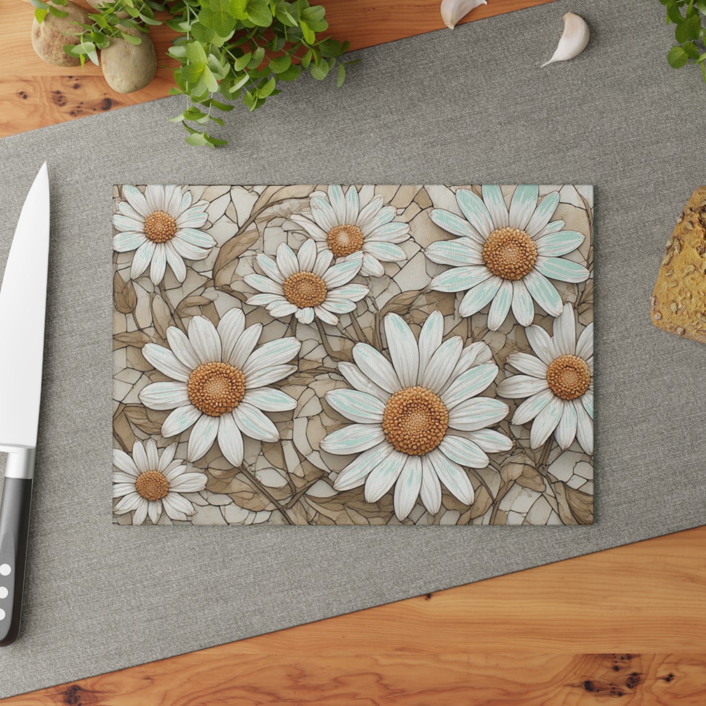 White Daisy Floral Glass Cutting Board, Floral Kitchen Countertop Decor