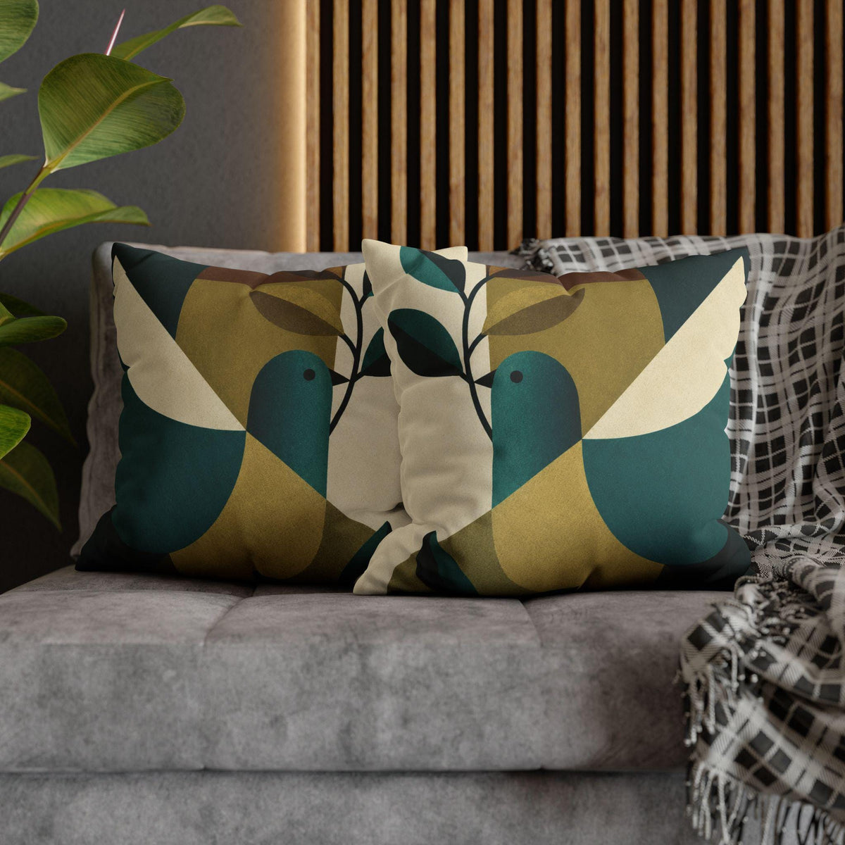 Mid-Century Bird Pattern Faux Suede Square Pillowcase