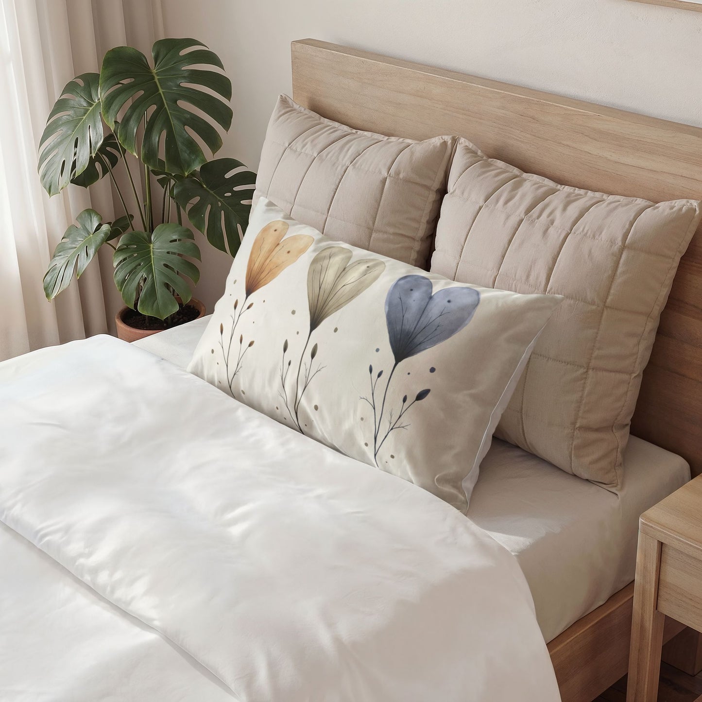 Watercolor Heart Flowers Cotton Pillow Sham | Floral Botanical Accent Pillowcase