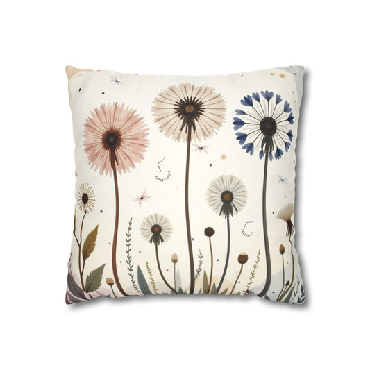 Dandelion Field Pillow Faux Suede Square Pillowcase, Floral Decorative Throw