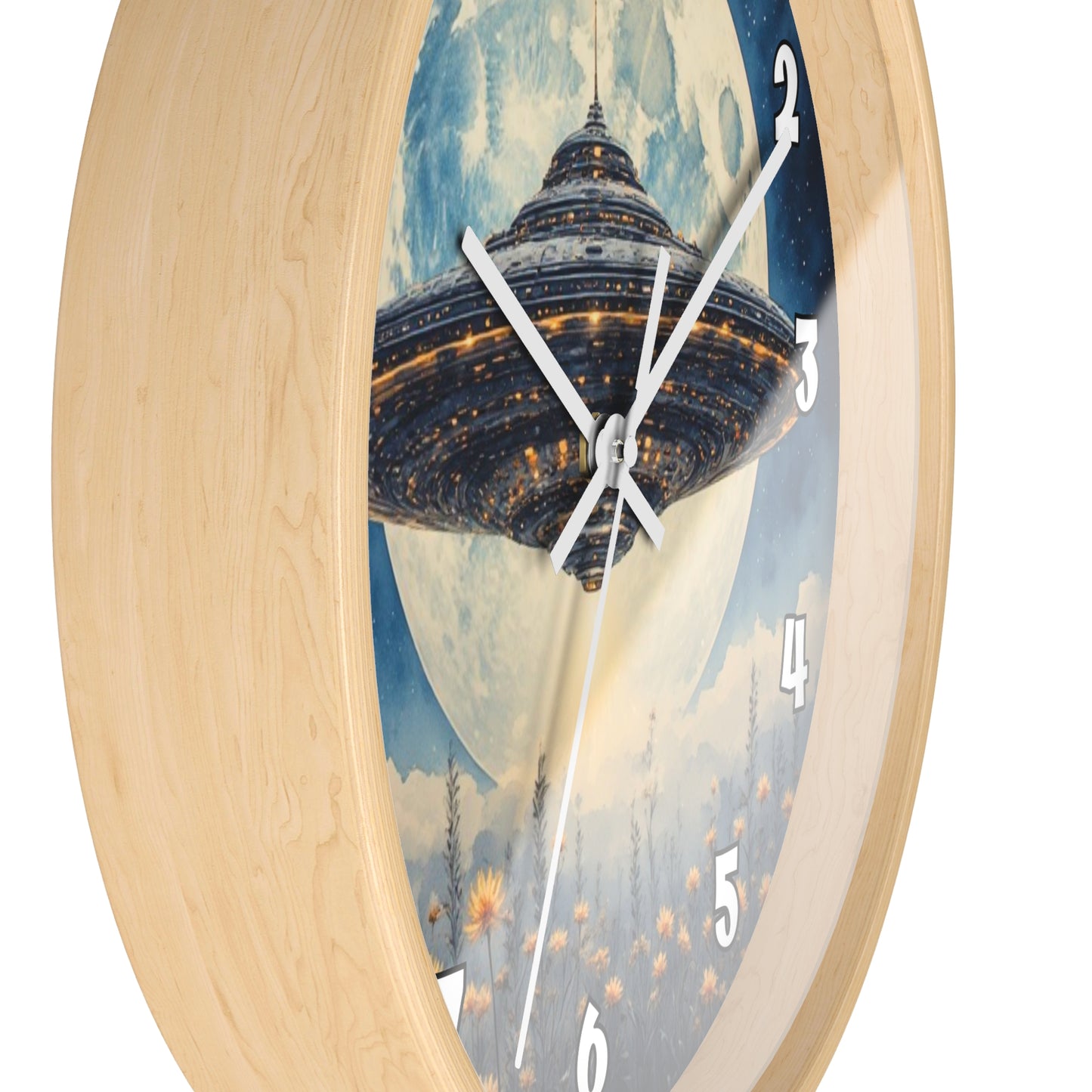 UFO Over Moon Wall Clock, Sci Fi Spaceship Moonlight Timepiece