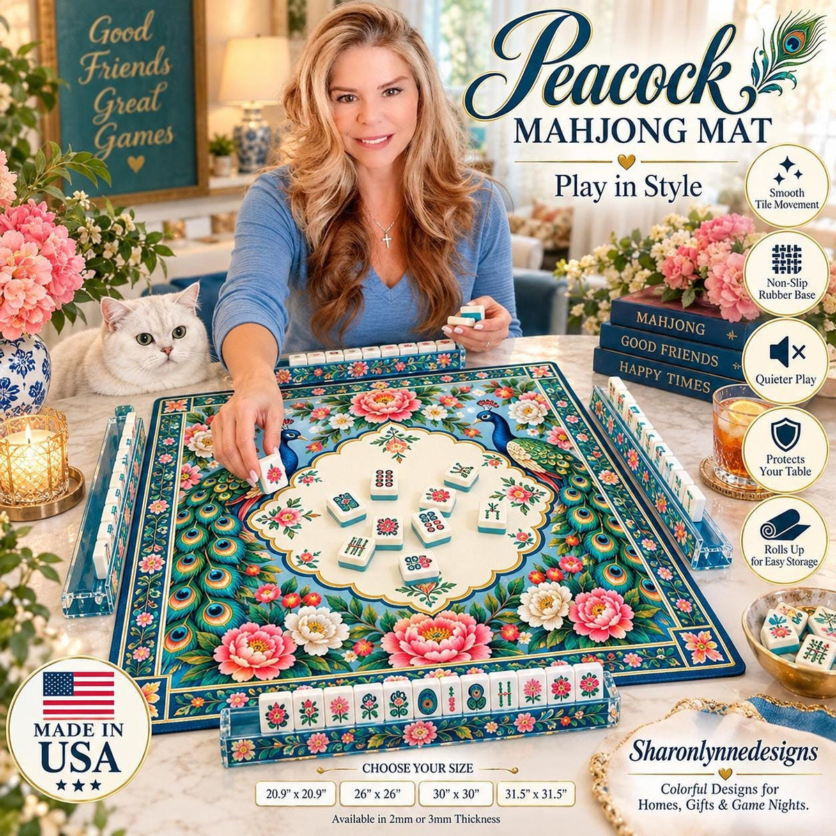Peacock American Mahjong Mat, Non-Slip Rubber Backing, Polyester Surface