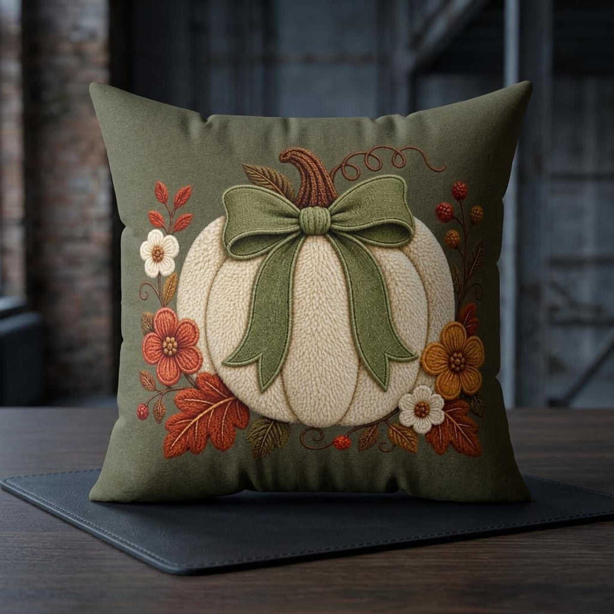 Double Sided Pillow Cover, 100% Faux Suede with Cream Pumpkin and Sage Bow