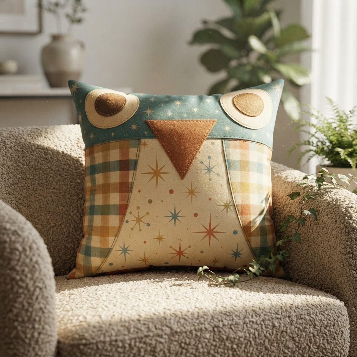 Owl Pillow Case, Faux Suede Square Cover with Vintage Plaid Design