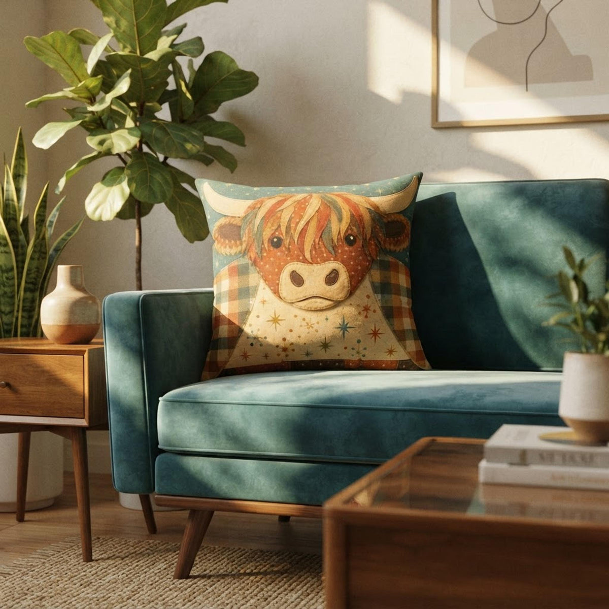 Cow Pillow, 100% Faux Suede Cover with Double-Sided Highland Artwork
