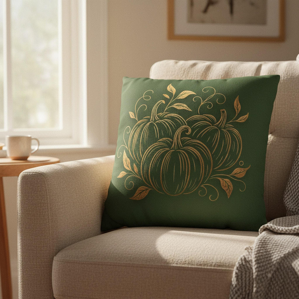 Decorative Farmhouse Pillow Cover, 100% Faux Suede Autumn Pumpkin Floral Print, Double-Sided Concealed Zipper