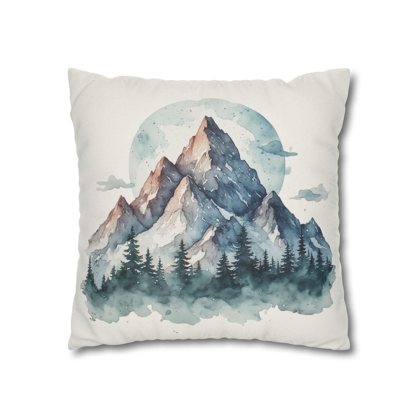 Watercolor Mountain Landscape Faux Suede Square Pillowcase | Mountain Print Pillow