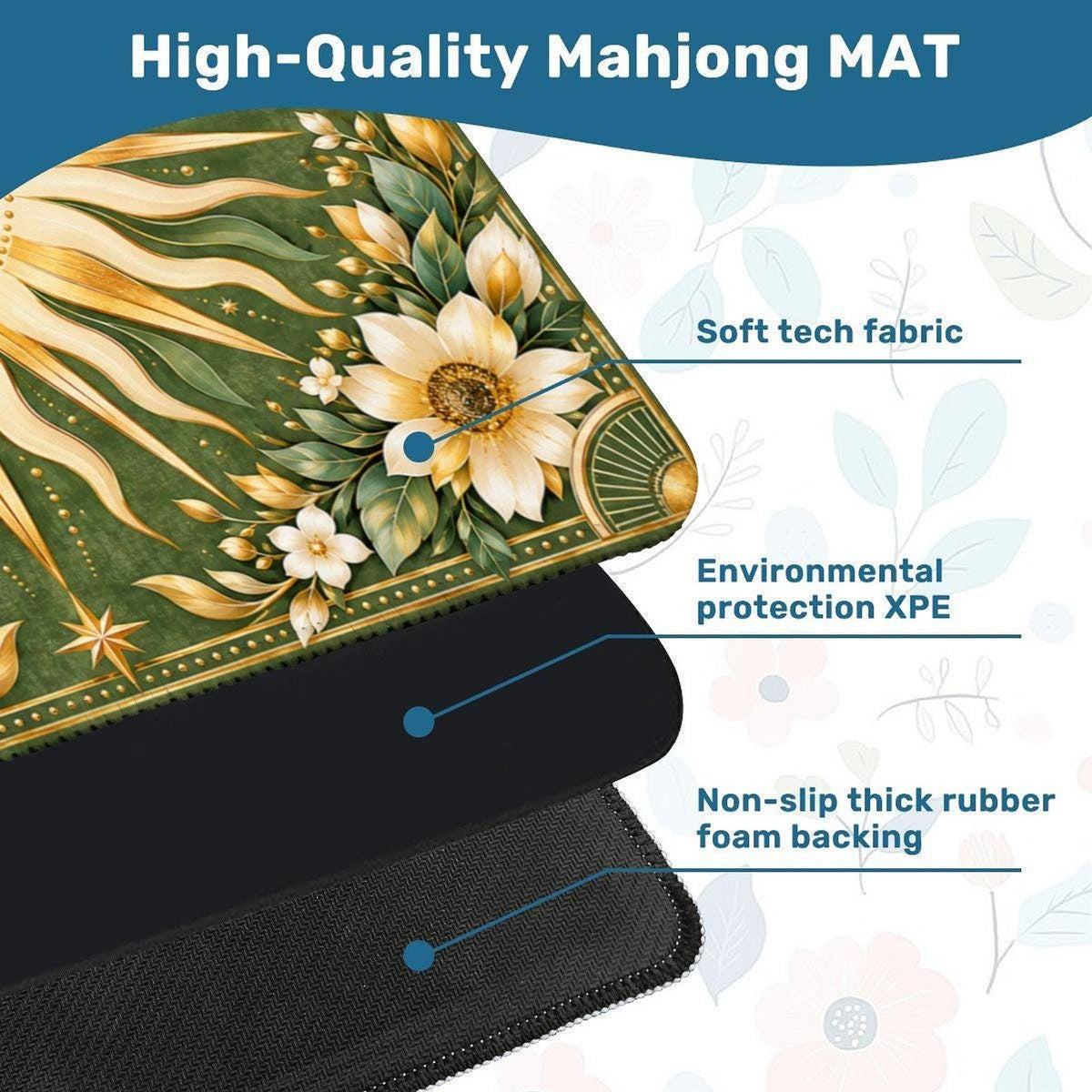 Mahjong Game Mat, 33" Square Green and Gold Sun Design Polyester