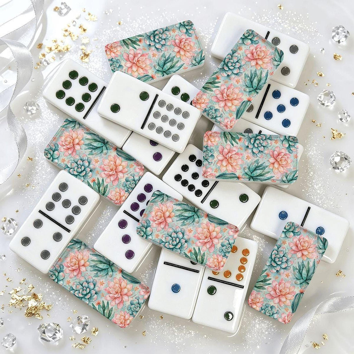 Mexican Train Set, Double 12 Acrylic Dominoes With Succulent Garden Design