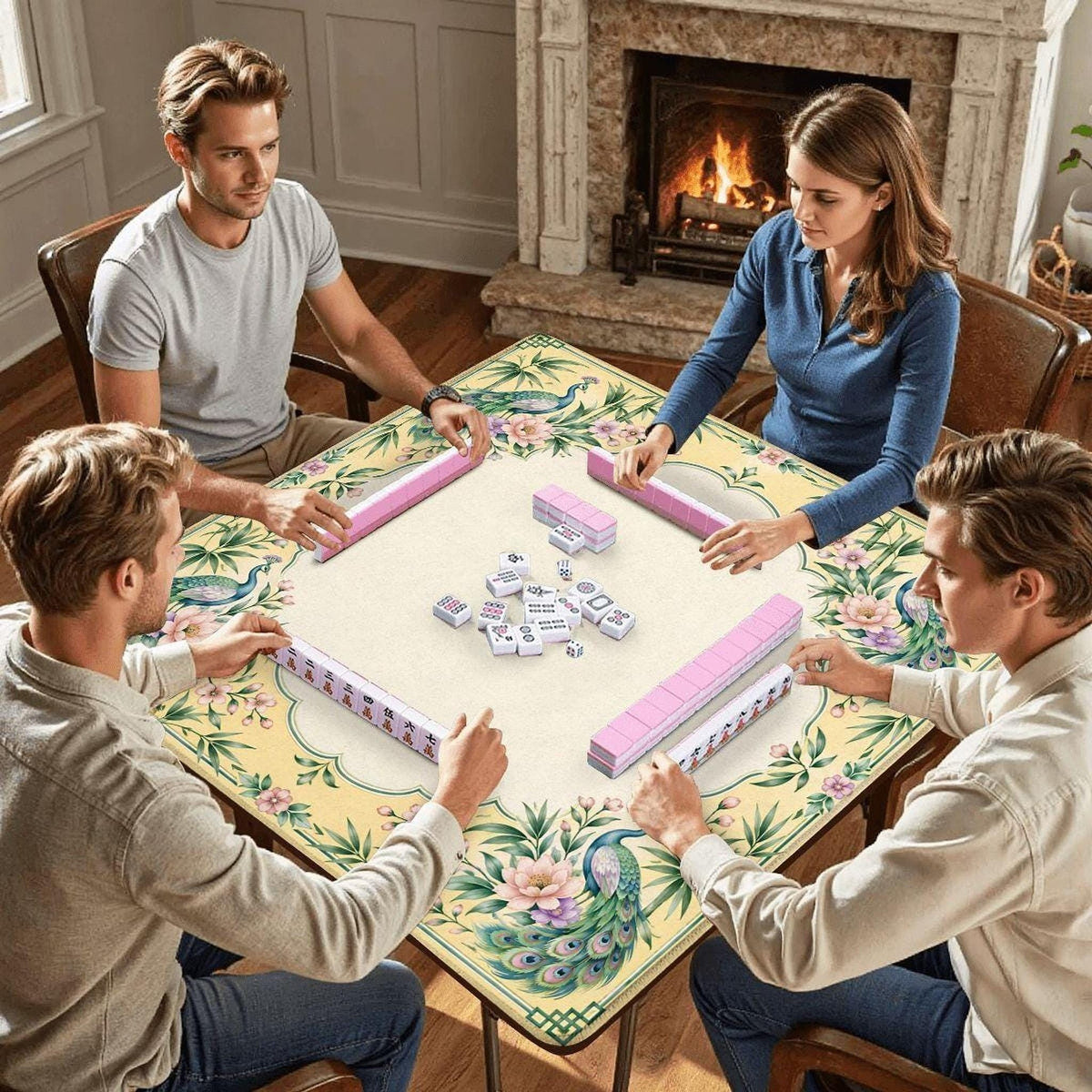 Yellow Peacock Mahjong Mat 33"x33" (Ship Rolled up)