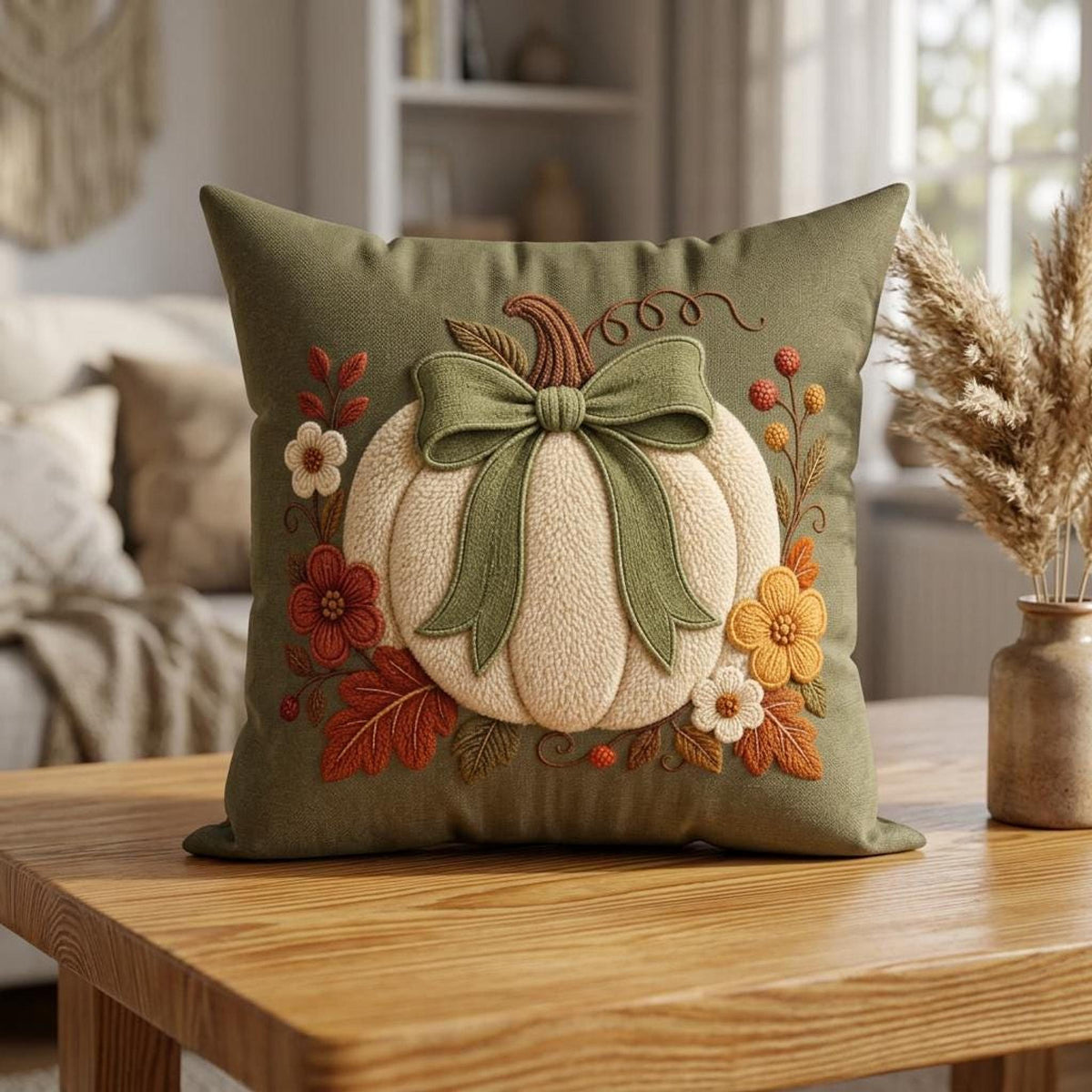 Double Sided Pillow Cover, 100% Faux Suede with Cream Pumpkin and Sage Bow