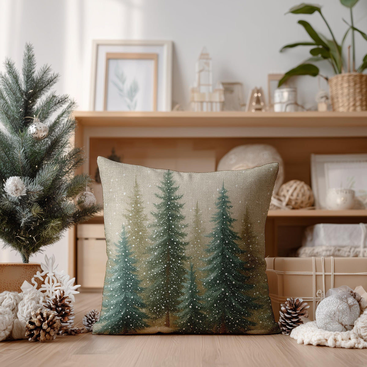 Nature Pillow Cover, Faux Suede Woodland Forest Cushion Double-Sided Pine Trees