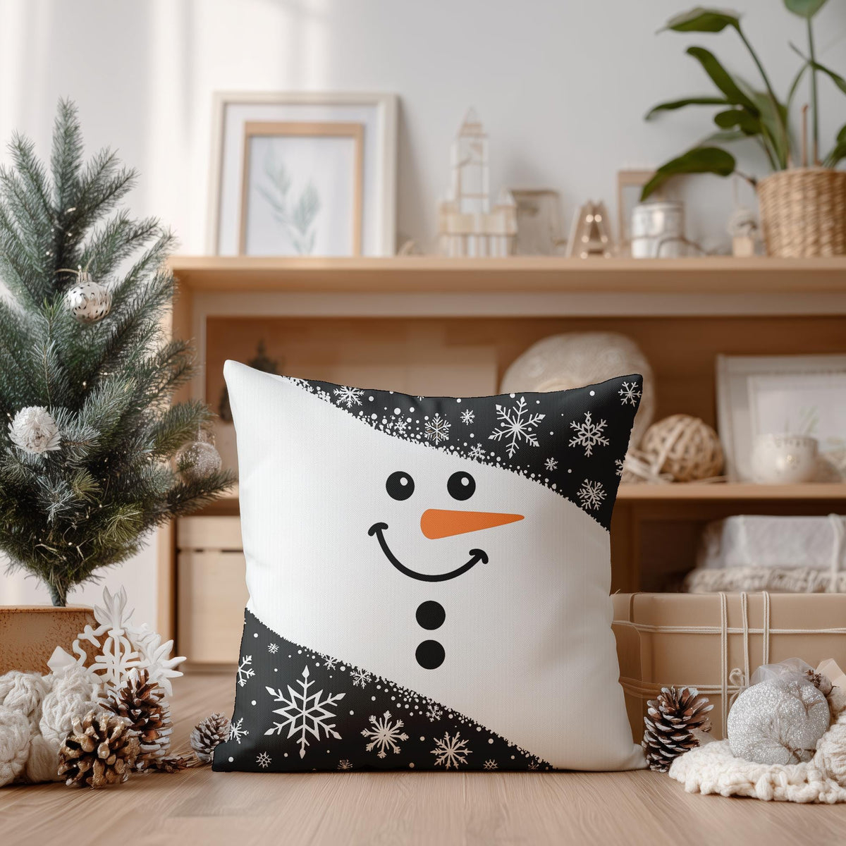 Christmas Pillowcase with Snowman Print, Faux Suede Square Cushion Cover